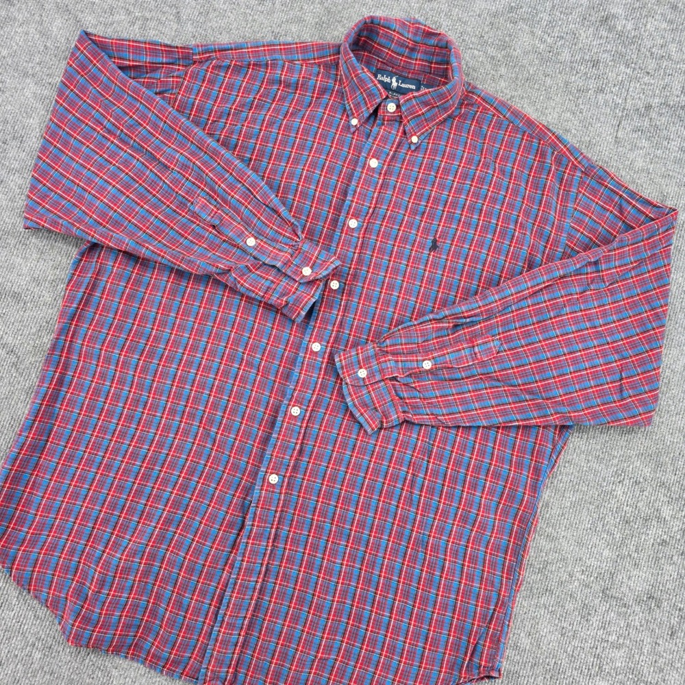 Polo Ralph Lauren Blake Mens Large Red Blue Plaid Button Down Shirt Cotton L